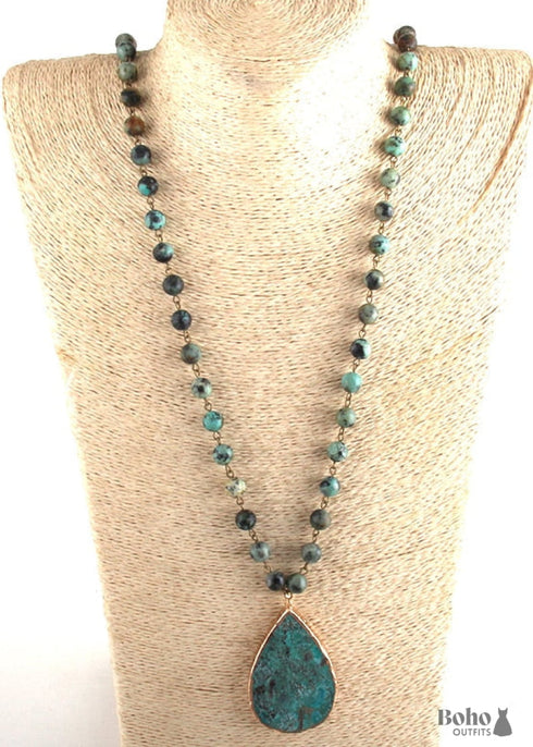 Boho Necklace, RH India Agated Blue and Green Natural Stone